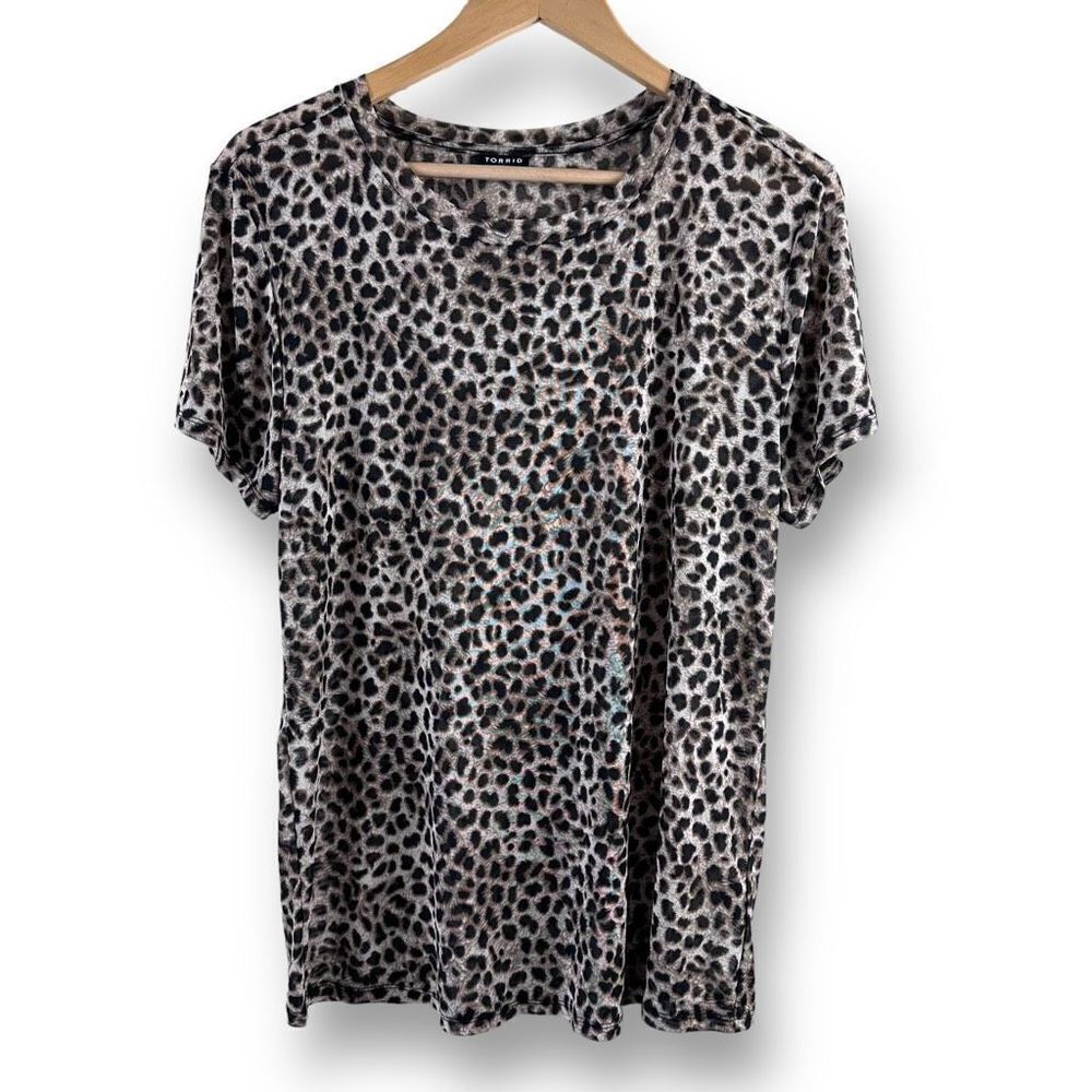Torrid Womens Tan Black Short Sleeve Animal Print Crewneck Stretch Shirt Top